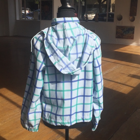 Liz Claiborne Windowpane patchwork blue sports/golf jacket with tuck-able hood - Picture 3 of 5